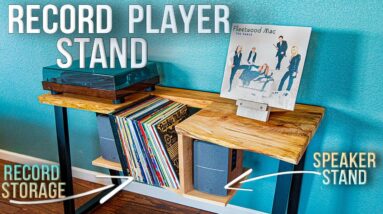 Build a Modern Record Player Stand | Built in Storage and Speaker Stands | Live Edge Woodworking