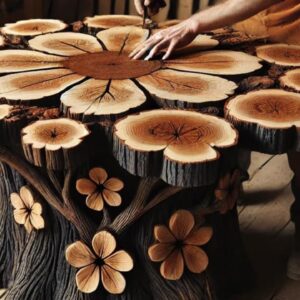 The Journey Of Transforming A Burnt Tree Stump Into A Beautiful Flower-shaped Wooden Table